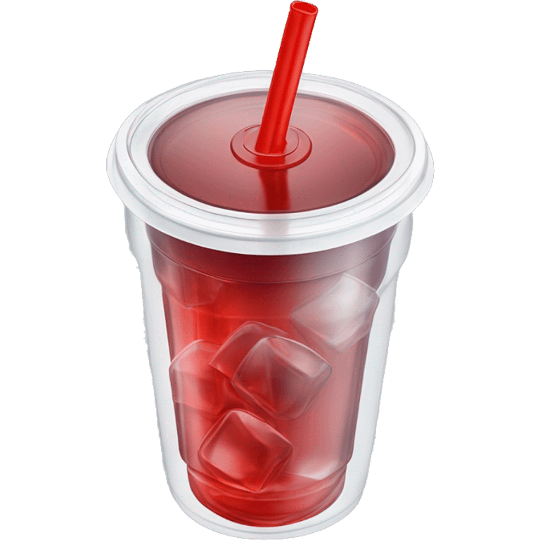 Realistic plastic cup and lid with Transluscent red soda and large ice cubes inside and one straw through the top of the lid. emoji