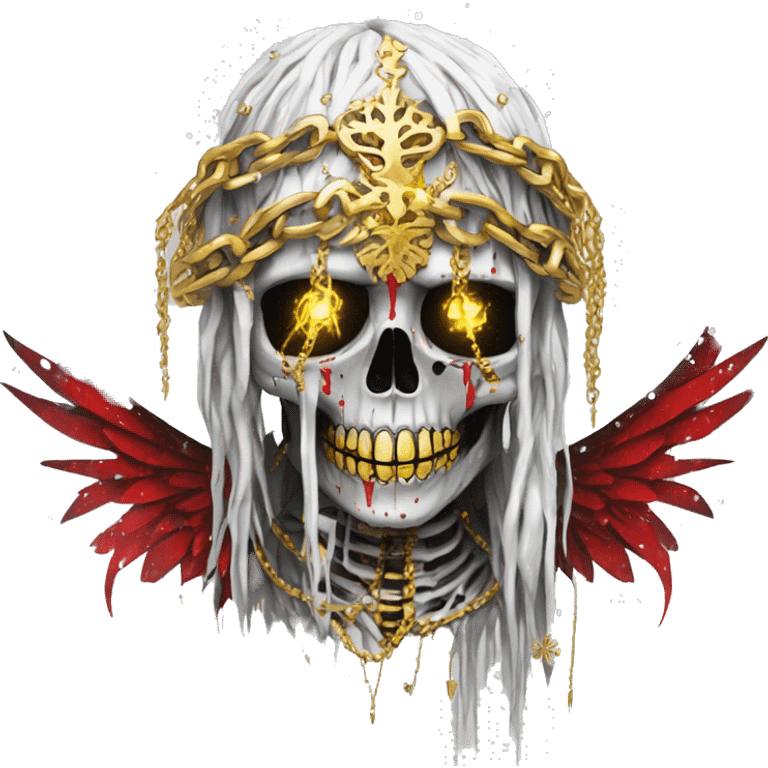 White skeleton zombie person covered in golden chains and black graffiti scribbles and red and silver doodles wings made of neon lightning snowing snowflakes crown made of snowflakes  emoji