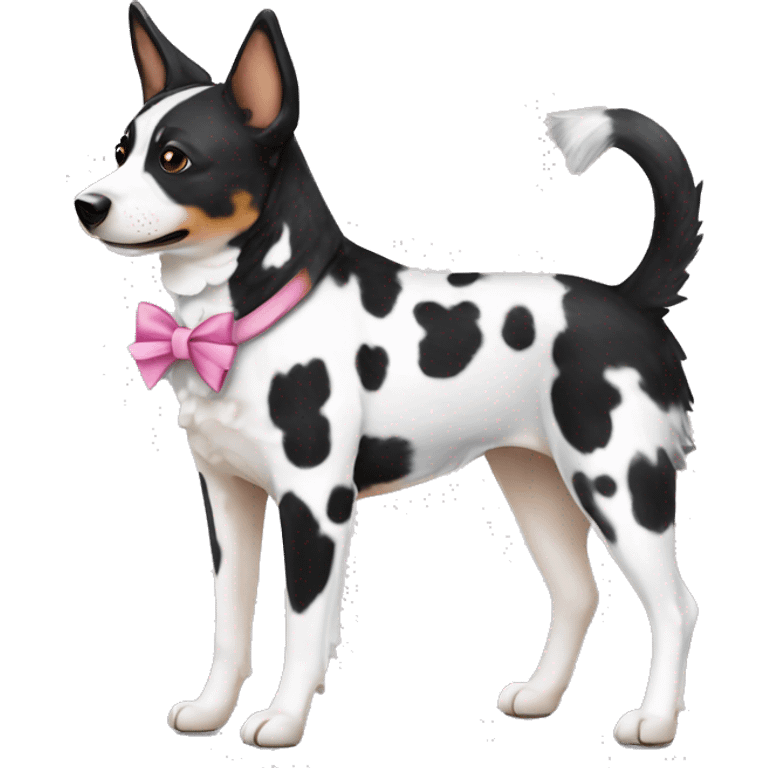 Black and white spotted Australian cattle dog, with bows emoji