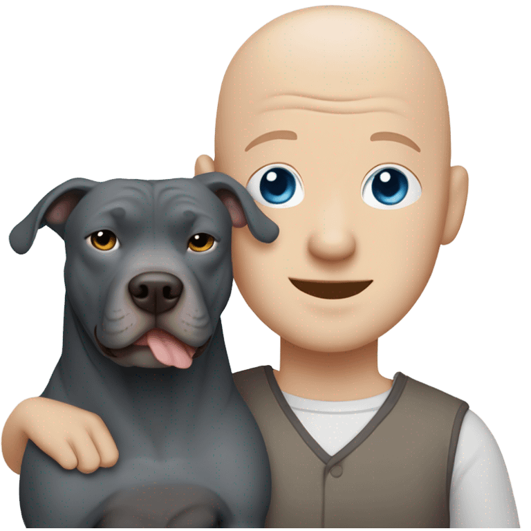 white bald man with blue eyes hugging large dark grey pit bull emoji