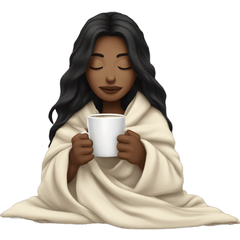 white girl with black hair inside a blanket sipping coffee eyes closed emoji