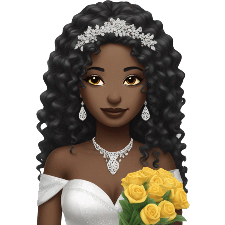 African bride. Glitter makeup. Long black curly hair. Silver jewelry. Holding flowers. Eyes closed. emoji