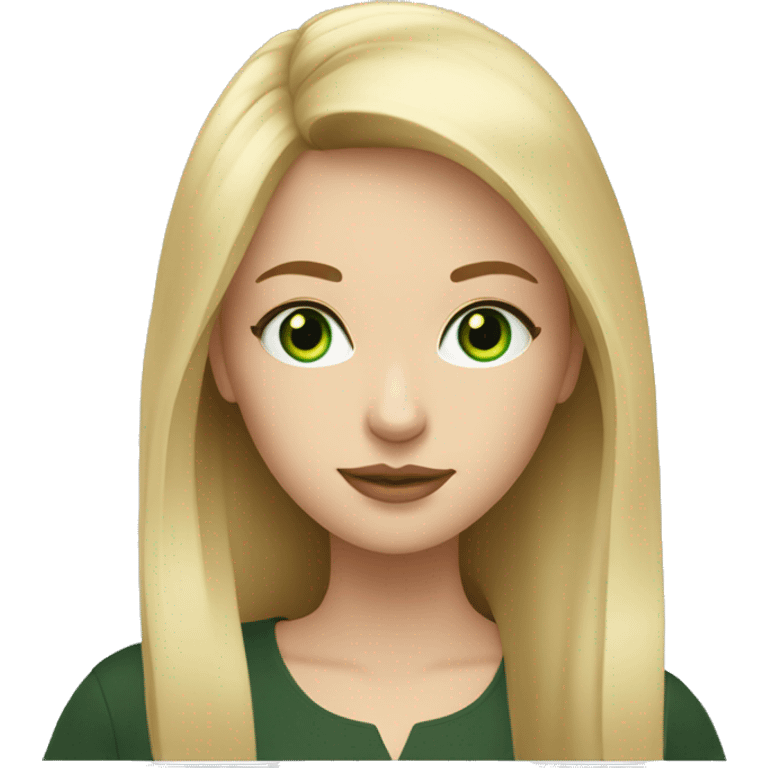 Young white woman, long blonde hair with bang, green eyes writing on laptop emoji