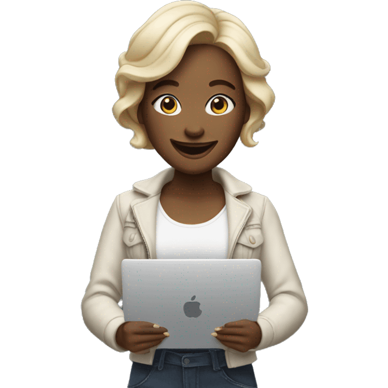 memoji of a cool woman smiling and has a laptop emoji