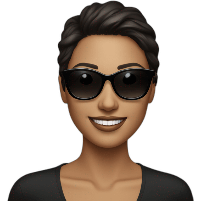 Beautiful brunette woman in black sunglasses slyly smiling emoji