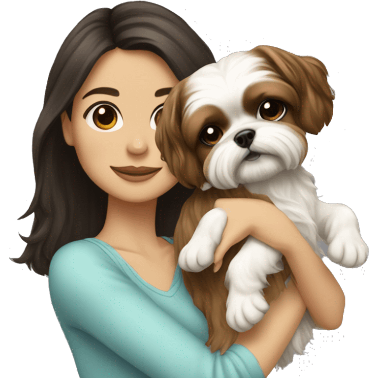 Young dark brunette hair woman with a golden shih tzu in her arms long hair emoji