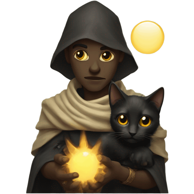 A pale sun warlock who is holding a black kitten emoji