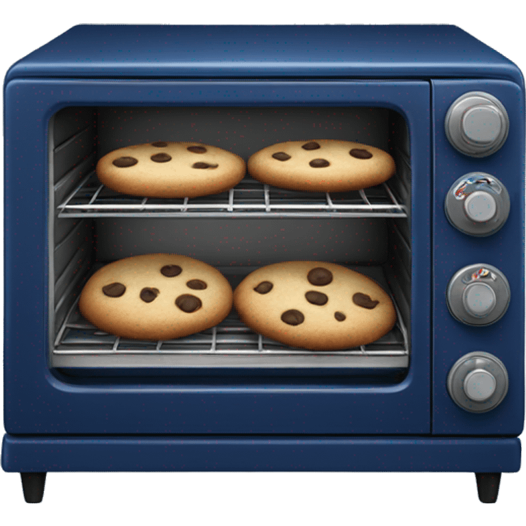 Realistic vintage  navy blue oven with cookies baking inside of it. emoji