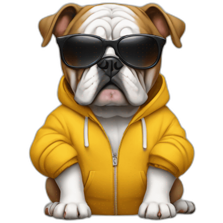 a bulldog wearing a hoody an has a sunglasses emoji