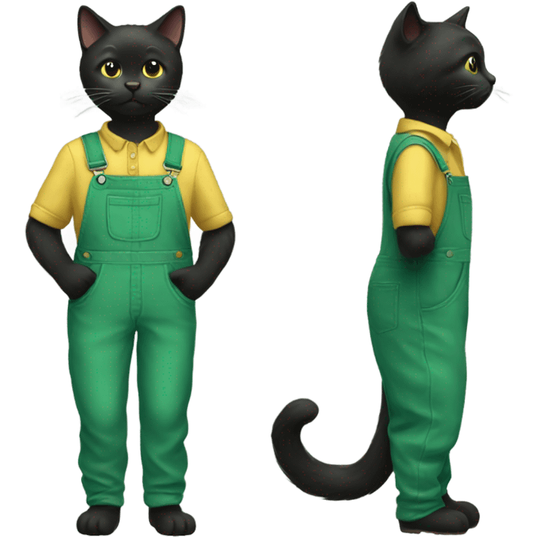 Black cat wearing green overalls with a button missing  emoji