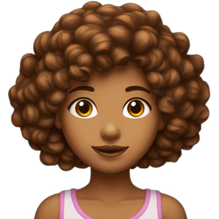 Fille avec des cheveux bouclés marron et avec un gros front et des grosses joues emoji