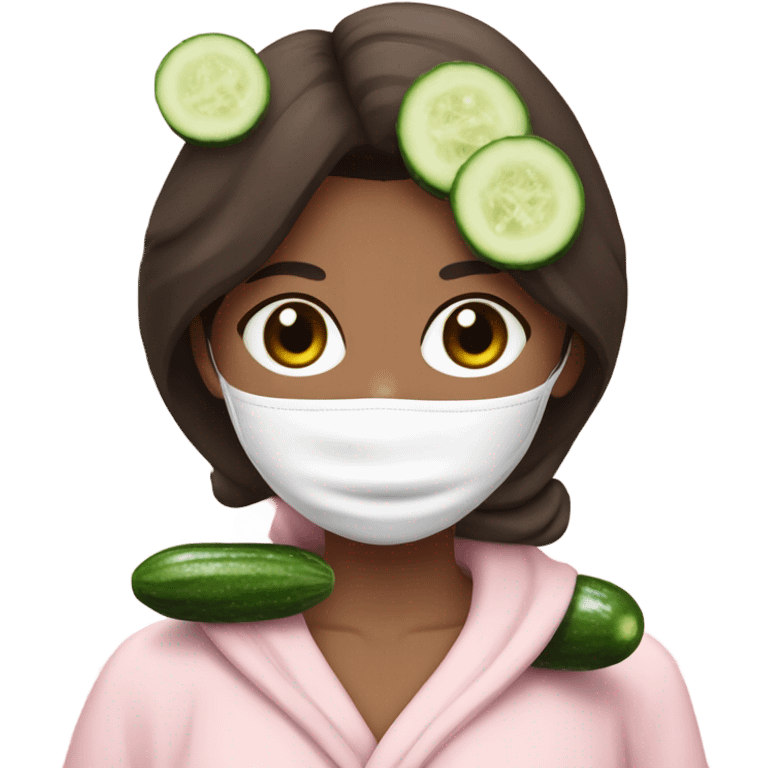 Brunette girl with a face mask on and cucumbers on her eyes and a light pink robe emoji