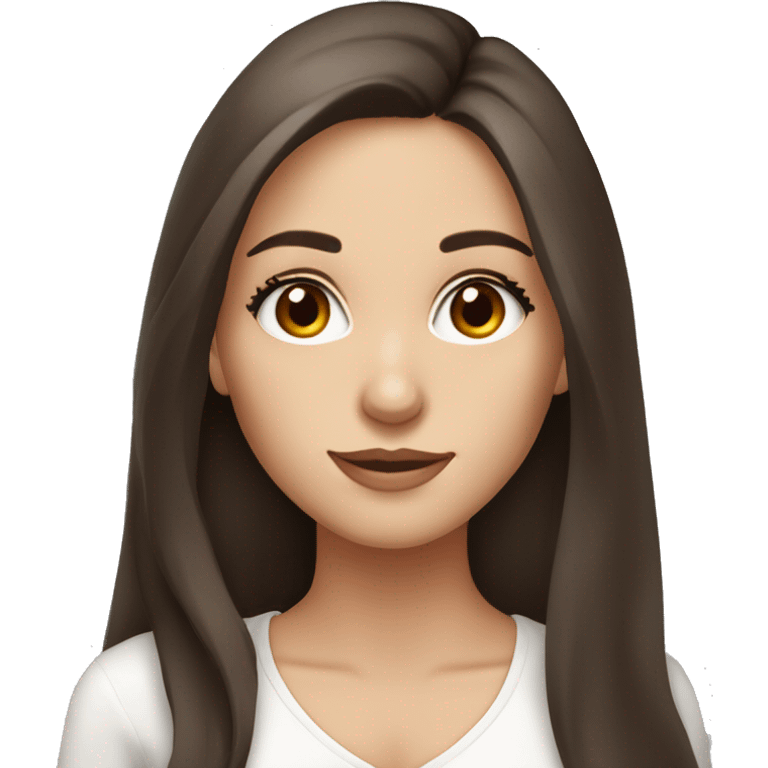 Brunette long hair girl portrait  wearing low cut white top and has brown eyes with long eyelashes emoji