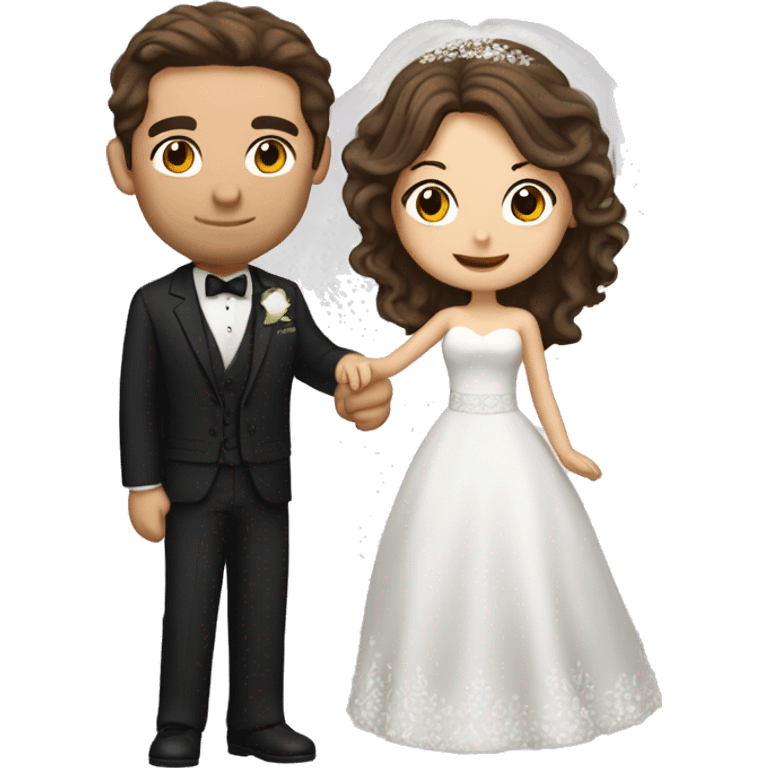 Bride with brown hair and groom with dark hair. Both are Caucasian. Groom isa little taller than the bride. They are dancing  emoji