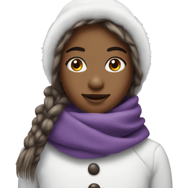 Snow man with girl features and lashes wearing purple scarf emoji