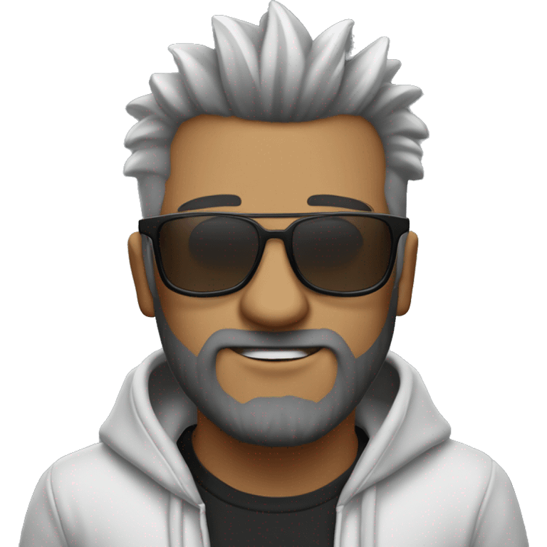 hombre blanco con pelo negro mohawk muy corto con hoodie gris y barba de dos dias y lentes emoji