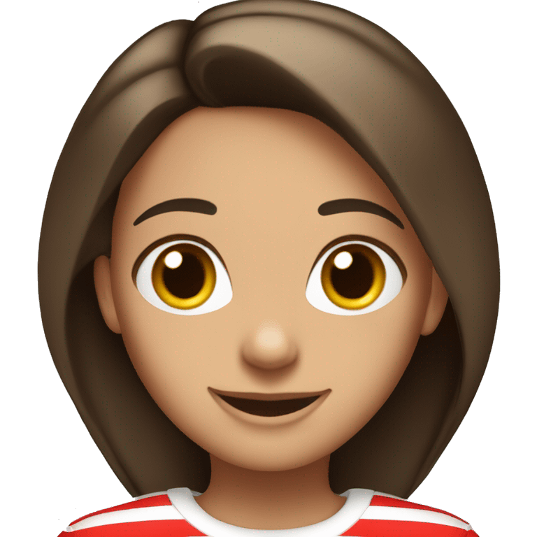 Portrait of an adult girl, tanned skin, dark long straight brown hair, dark eyes, smiling, wearing a white long sleeve with red horizontal stripes. emoji