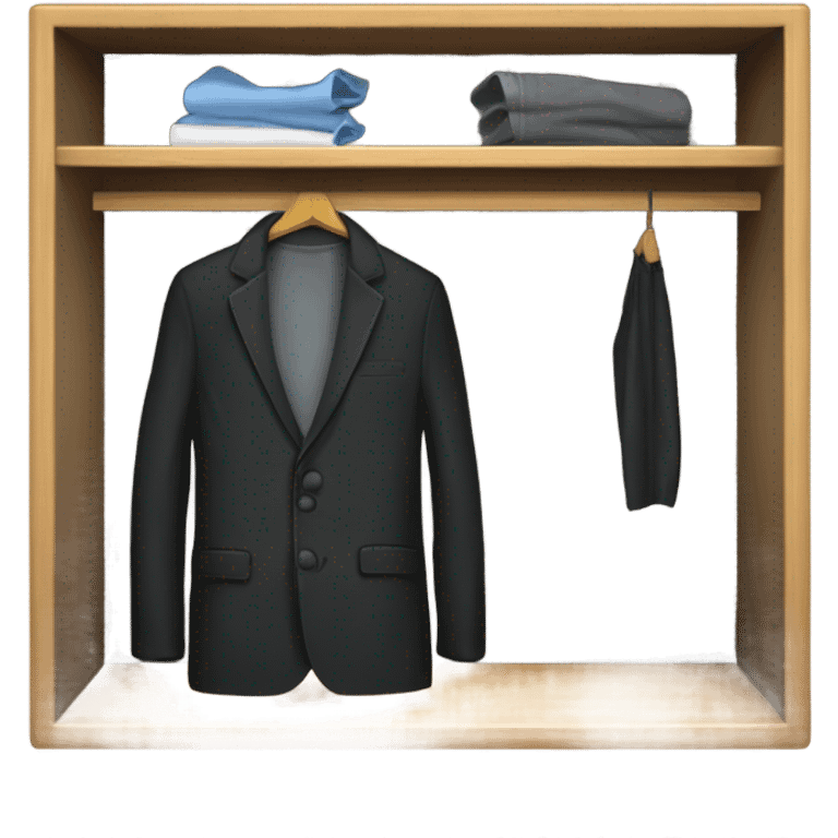 Design an emoji-style icon of an open wardrobe with clothes hanging inside. Include details like a wooden frame, hangers, and black different clothing items such as shirts or any other clothing . Use a clean and minimalistic design. emoji