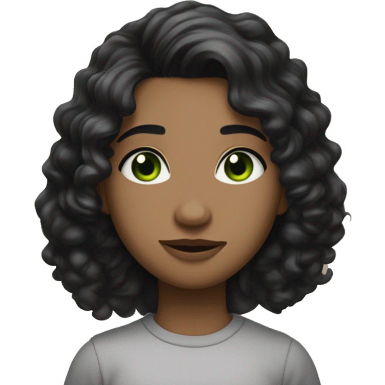 long curly black hair,eyes with a hint of green, eyes positive  canthal tilt ,medium thick shaped eyebrows , and medium thin lips, round face shape, soft jawline, full body, teen, sensual, american emoji