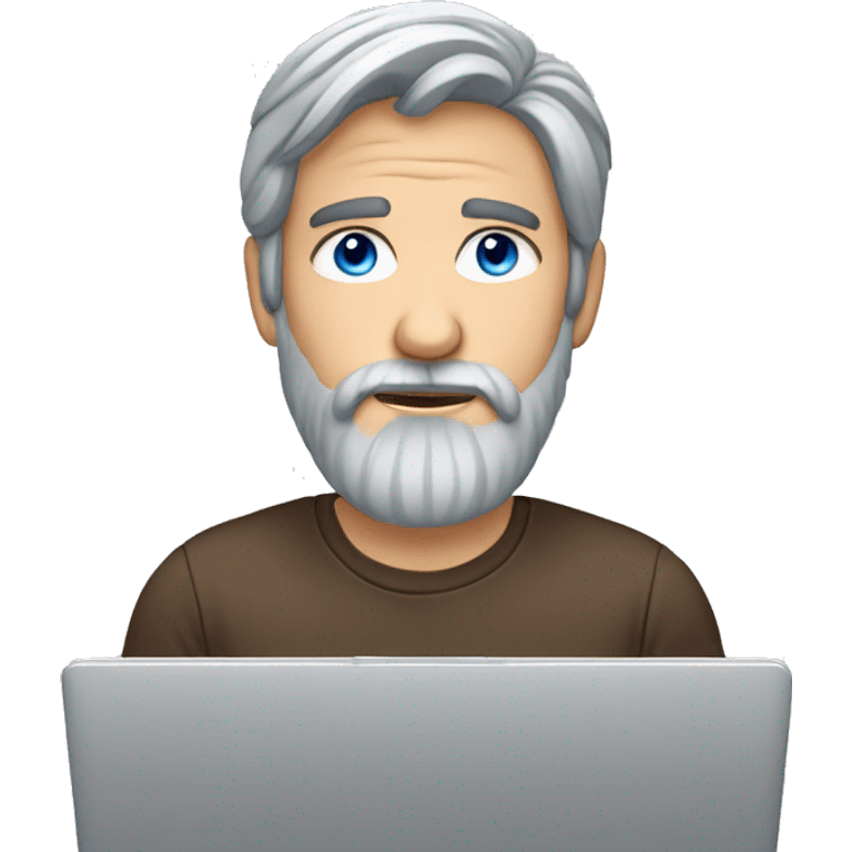 blue eyes. brown hair. long grey beard. behind laptop. male.  emoji