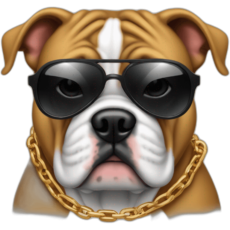 A bull dog wearing a black hoody and it has a sunglasses and a gang chain emoji