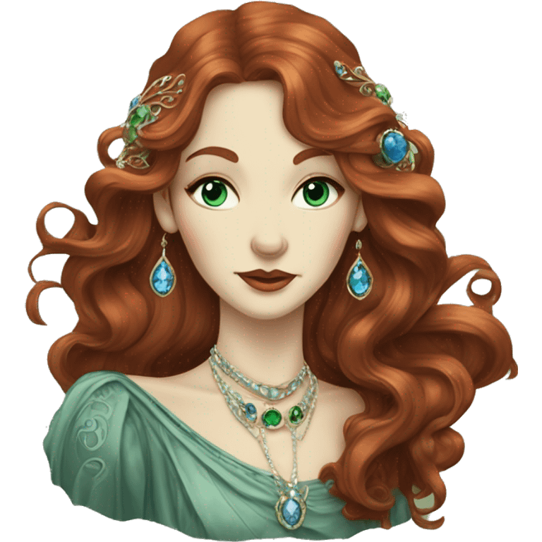 Art Nouveau lady with long swirling redbrown hair, bluegreen eyes, jewels emoji