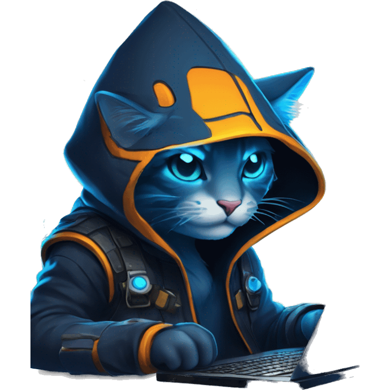 Side view developer cat behind his laptop with this style : Riot Games Valorant neon glowing bright blue character blue black hooded assassin themed character emoji