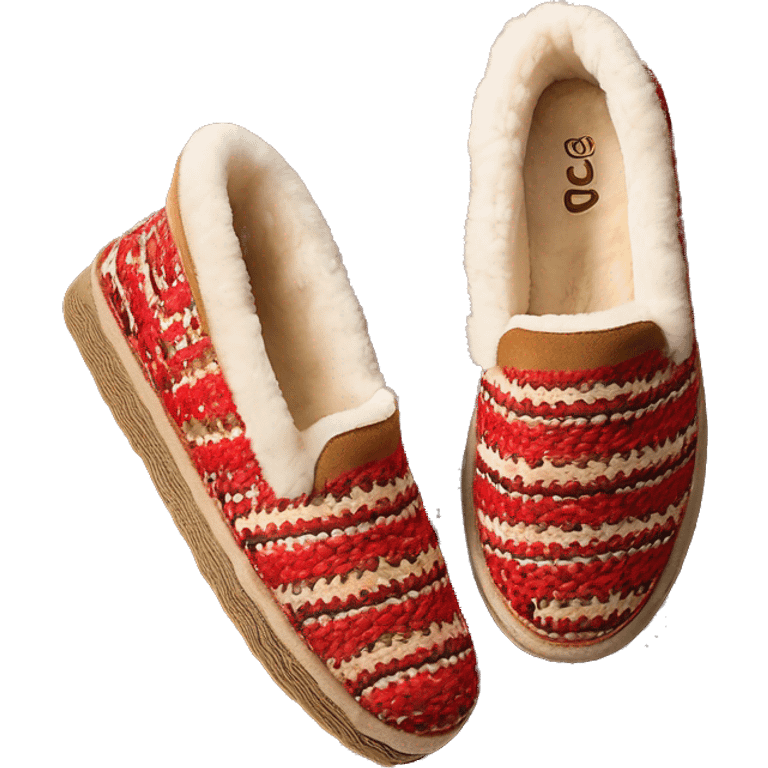 Camel slip-on slippers. thin red woven bohem zig-zag trim on the cuff, and a thick platform sole. “UGG” emoji