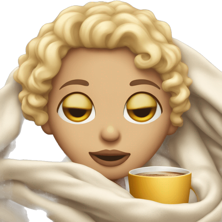 Blonde short hair curly girl inside a blanket sipping coffee eyes closed emoji