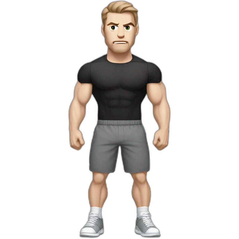 Angry Pale skinned Fit Man With the biceps and dark brown hair in black shirt, gray sports shorts and white Sneakers emoji