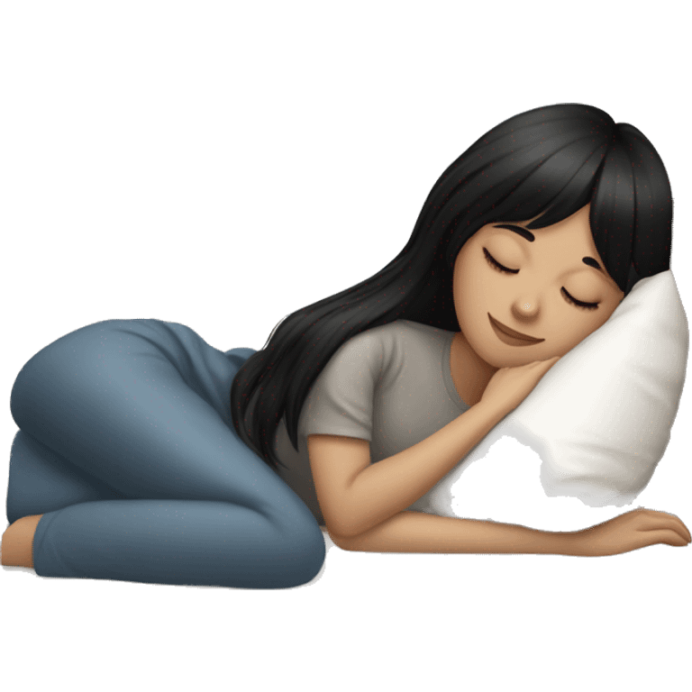 Woman pale skin black hair with bangs sleeping in bed with pillow, white woman emoji