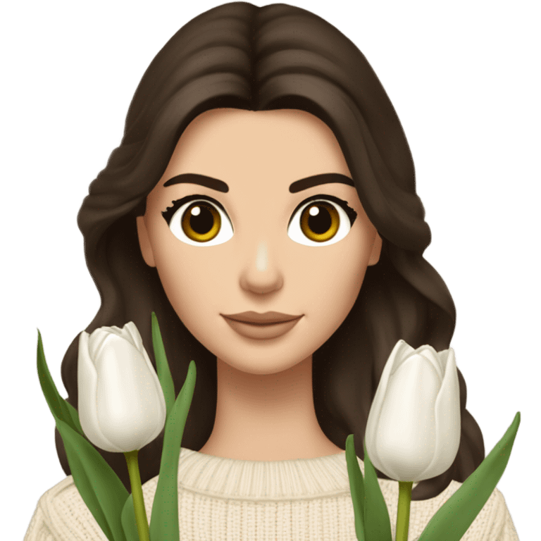 brunette Kendall Jenner with soft and long and brown hair her eyes brown and Holding a bouquet of white tulips Her hair is wavy and shiny With light brown sweater just one  emoji