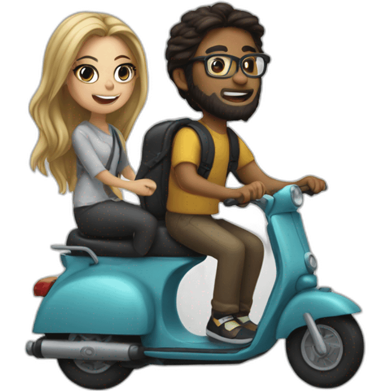 boy with long hair tied in a bun, beard, and glasses, riding a black scooter with a girl on the back emoji