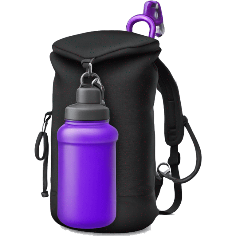 Gym backpack black and purple with a gym shaker attached to it with a small carabiner. Shaker is transparent emoji