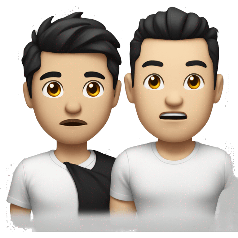 A man black hair with big lips and a dissatisfied face in black pants and Asian looking guy in a white T-shirt and a dissatisfied face emoji