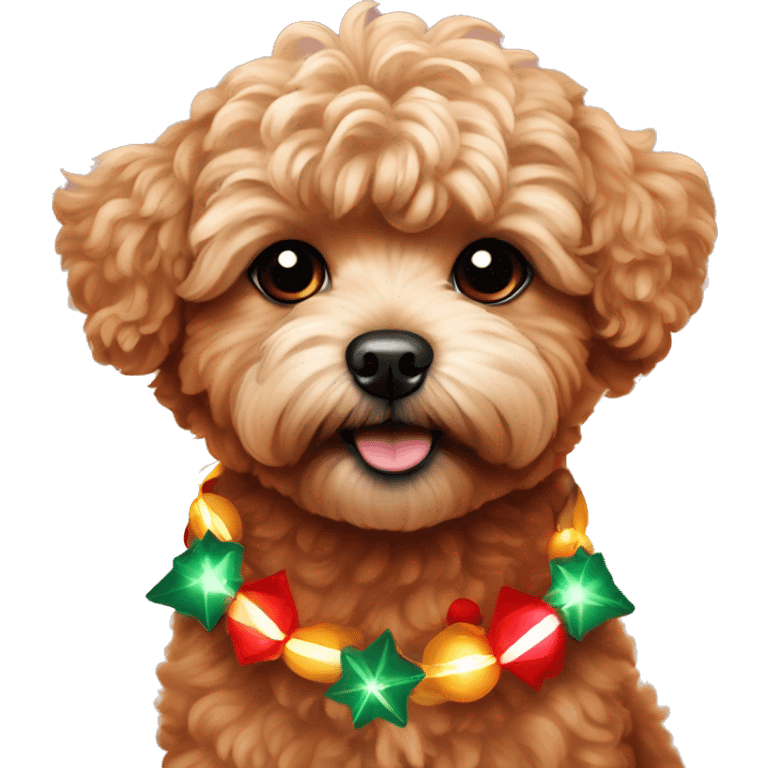 Red maltipoo with Christmas lights decorated around its neck emoji