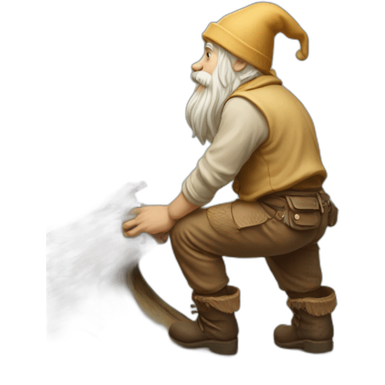 side view of gnome with light tan pants and boots squatting above small brown log emoji