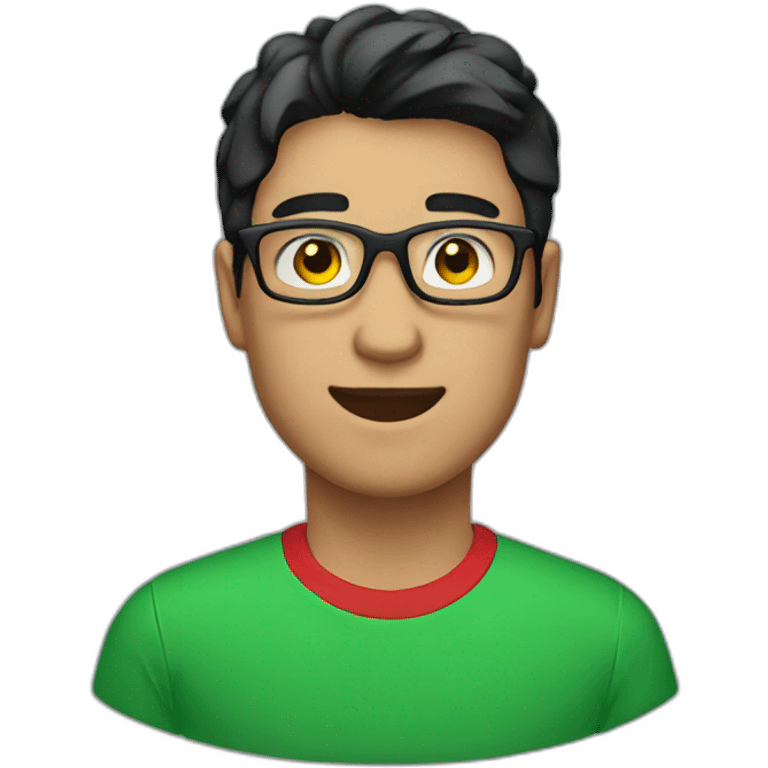 Man with black hair and glasses wearing red tshirt with green collar emoji