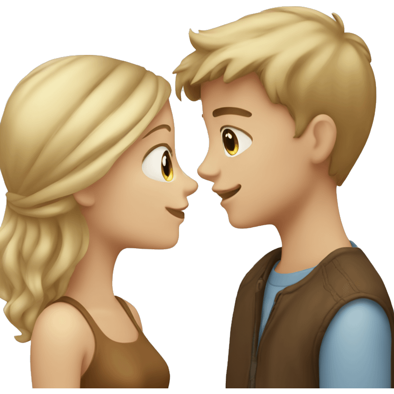 blonde boy with blue eyes kissing a brown haired girl with brown eyes emoji