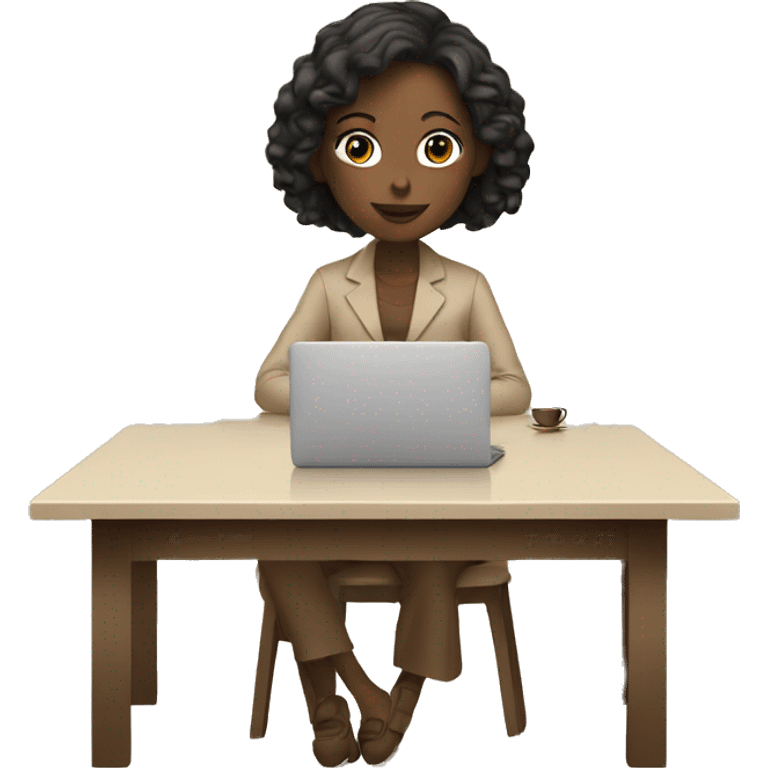 A girl at a table with a laptop with a cup of coffee in beige tones emoji