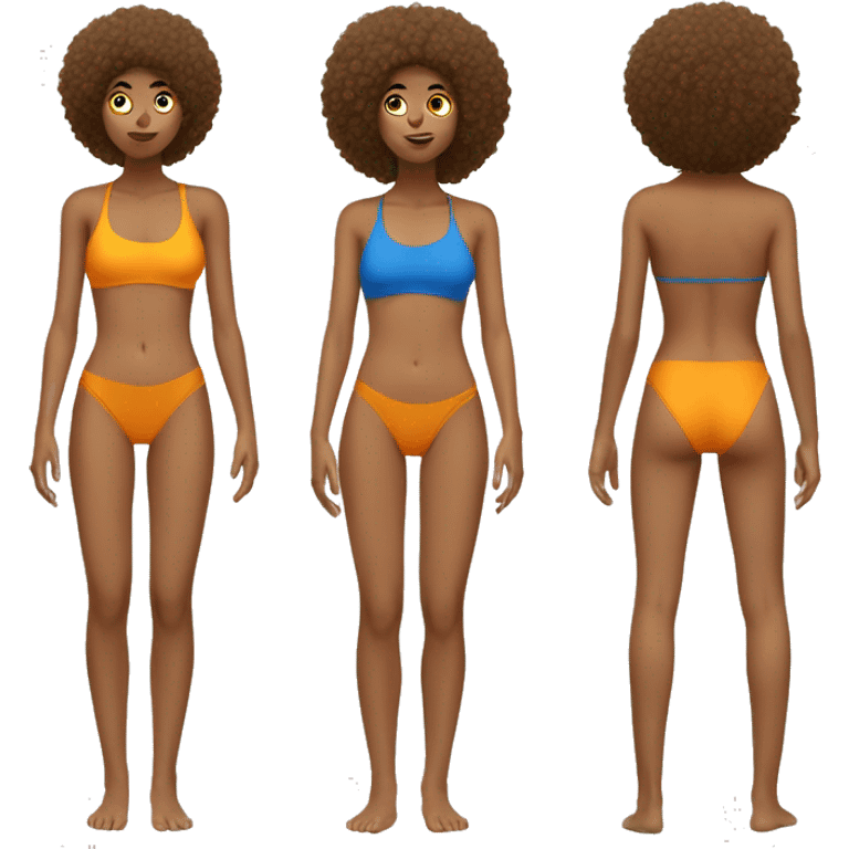 Tan girl with orange and blue afro, yellow swimsuit, rear view emoji