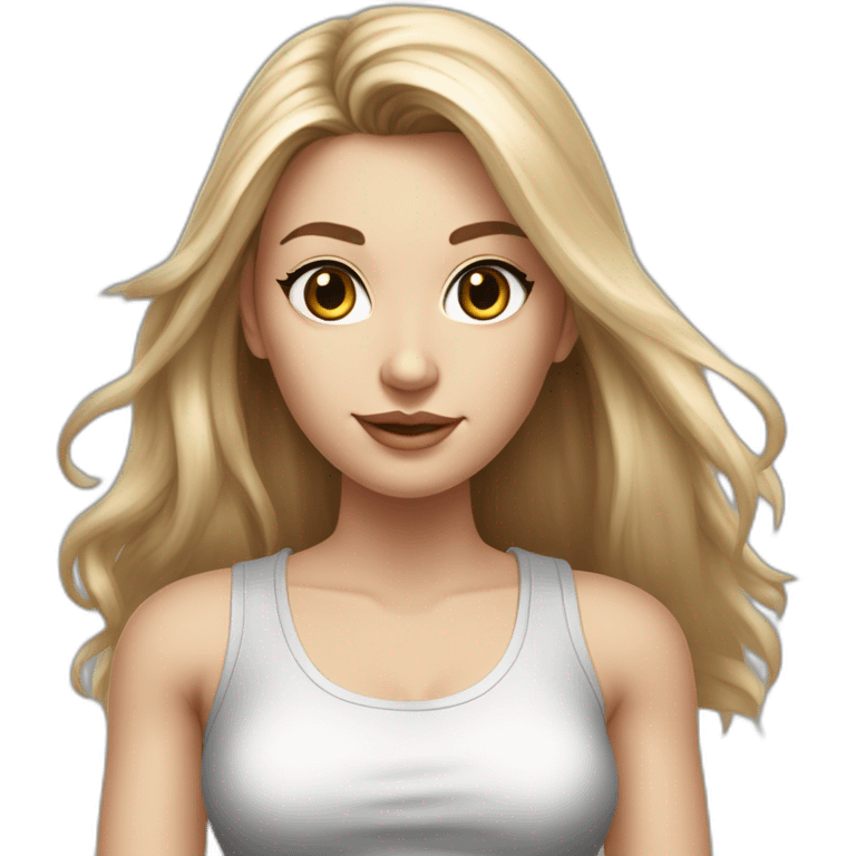 caucasian woman, with long straight hair, blonde hair, brown eyes, white tank top, gray tight mini skirt, black heel shoes, full body, hyperrealist drawing emoji