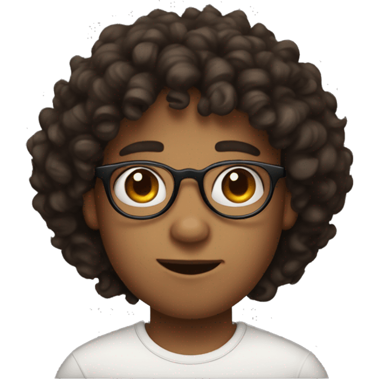 Dark brown curly har boy, with round glasses, semi thick lips, and triangle head shape emoji