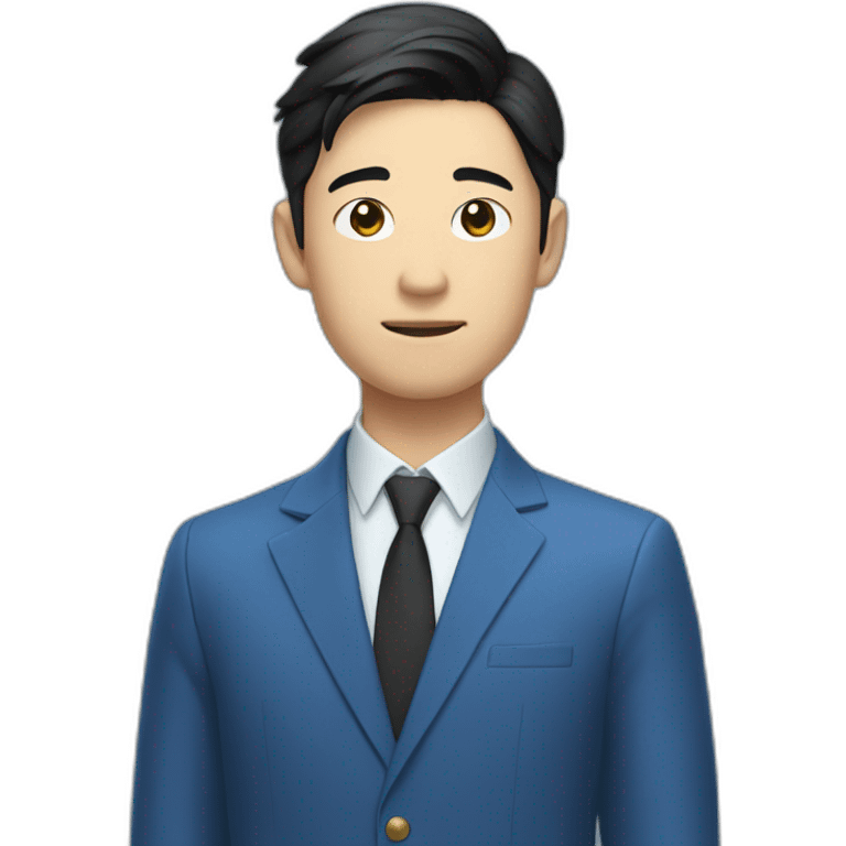 young asian deputy in blue suit and very short black hair waves his hand emoji