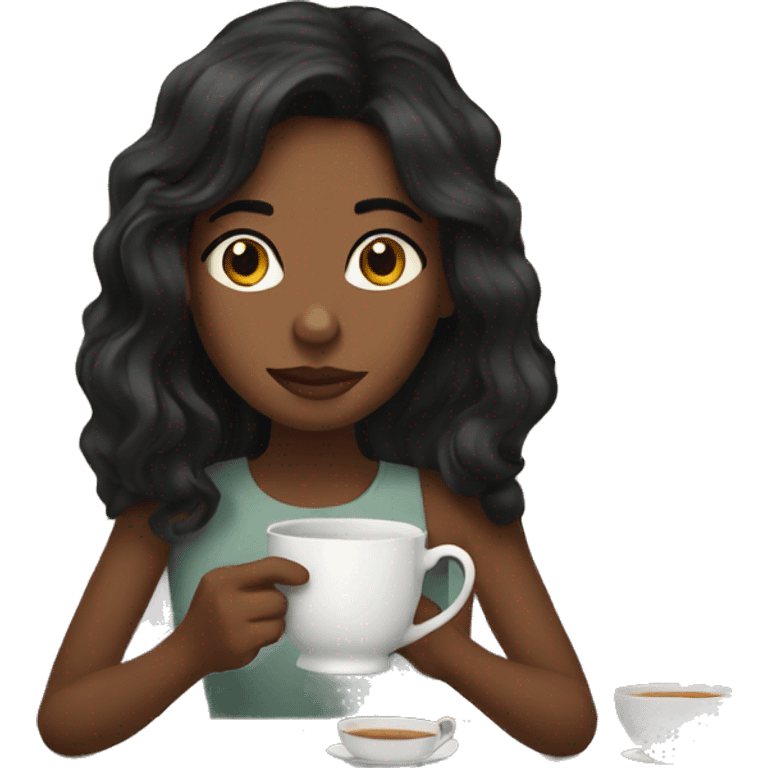 Girl sipping tea with wavy black hair emoji