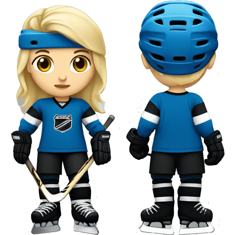 blond hockey player with blue t-shirt and black pants and black skater and black hockey helmet  emoji