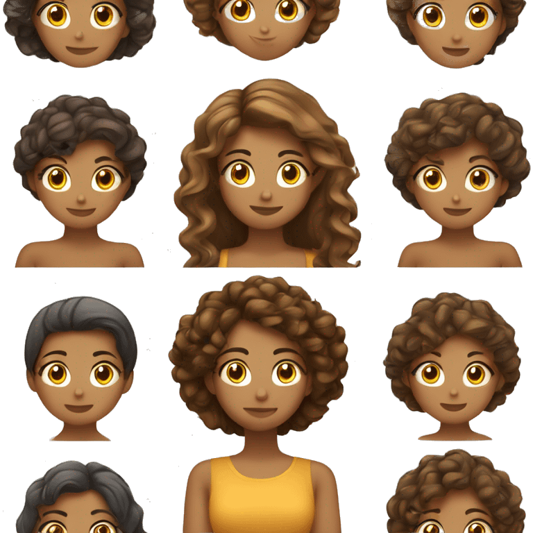 Mulher, cabelo comprido castanho, olhos castanhos, cara redonda, divertida, a piscar o olho emoji