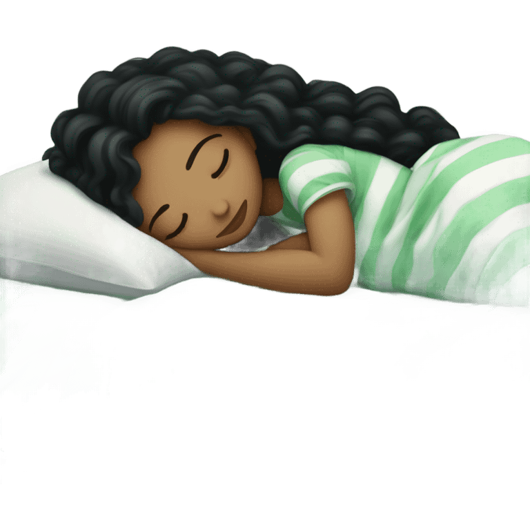 white girl with long curly black hair sleeping in a bed with faded green striped comforters emoji