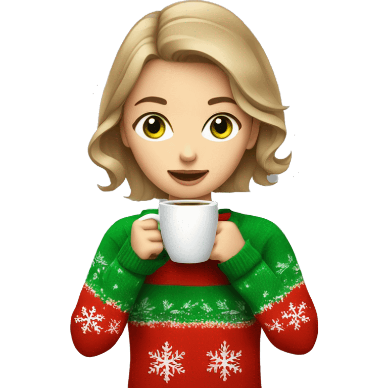 Light brown short haired girl with green eyes drinking coffee wearing red Christmas sweater emoji