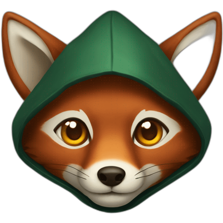 small dark brown fox with orange eyes and a dark green hood that smile emoji